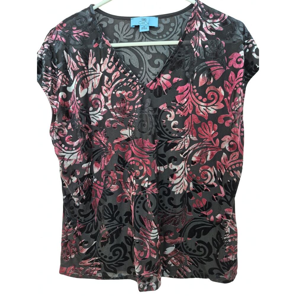 CeCe Womens Top Size M Black Sheer Velvet Burnout Pink Silver Witchy Holiday